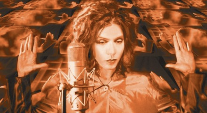 Photo of Sussan Deyhim behind a microphone