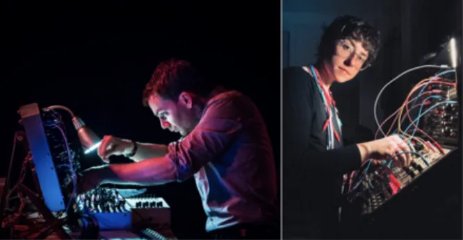 A photo of Ankersmit using a synthesizer and a photo of Dobkin using a synthesizer