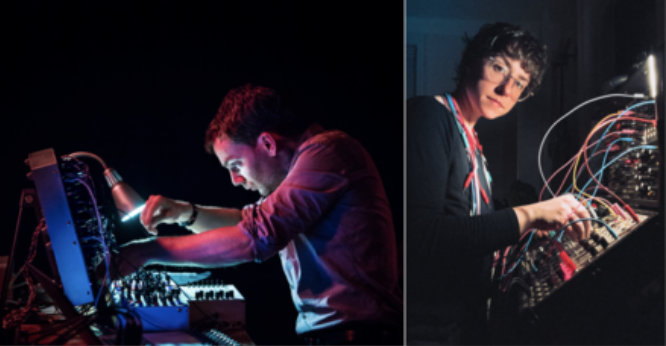 A photo of Ankersmit using a synthesizer and a photo of Dobkin using a synthesizer