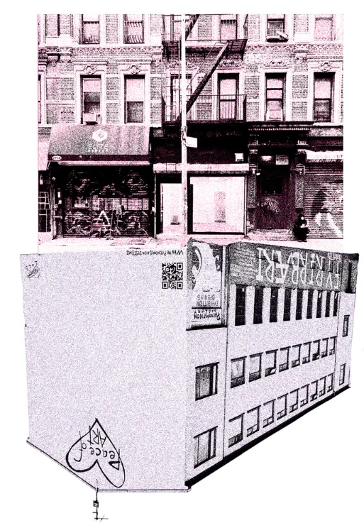 Two grainy facades, one of which  is upside down with a graffiti heart on the side encapsulating the words "Peace of Art"