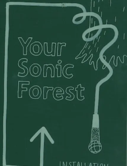 Forest green poster with a cartoon outline of the base of a tree with a microphone hanging over it.