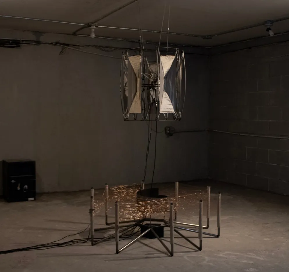 Miles Scharff, Even if something did you would never really know, 2025, copper, steel, conductive fabric, felt, variable electromagnetic receiver, magnets, amplifier, speaker, 47 × 47 × 66". Photo by Mila Rae Mancuso.