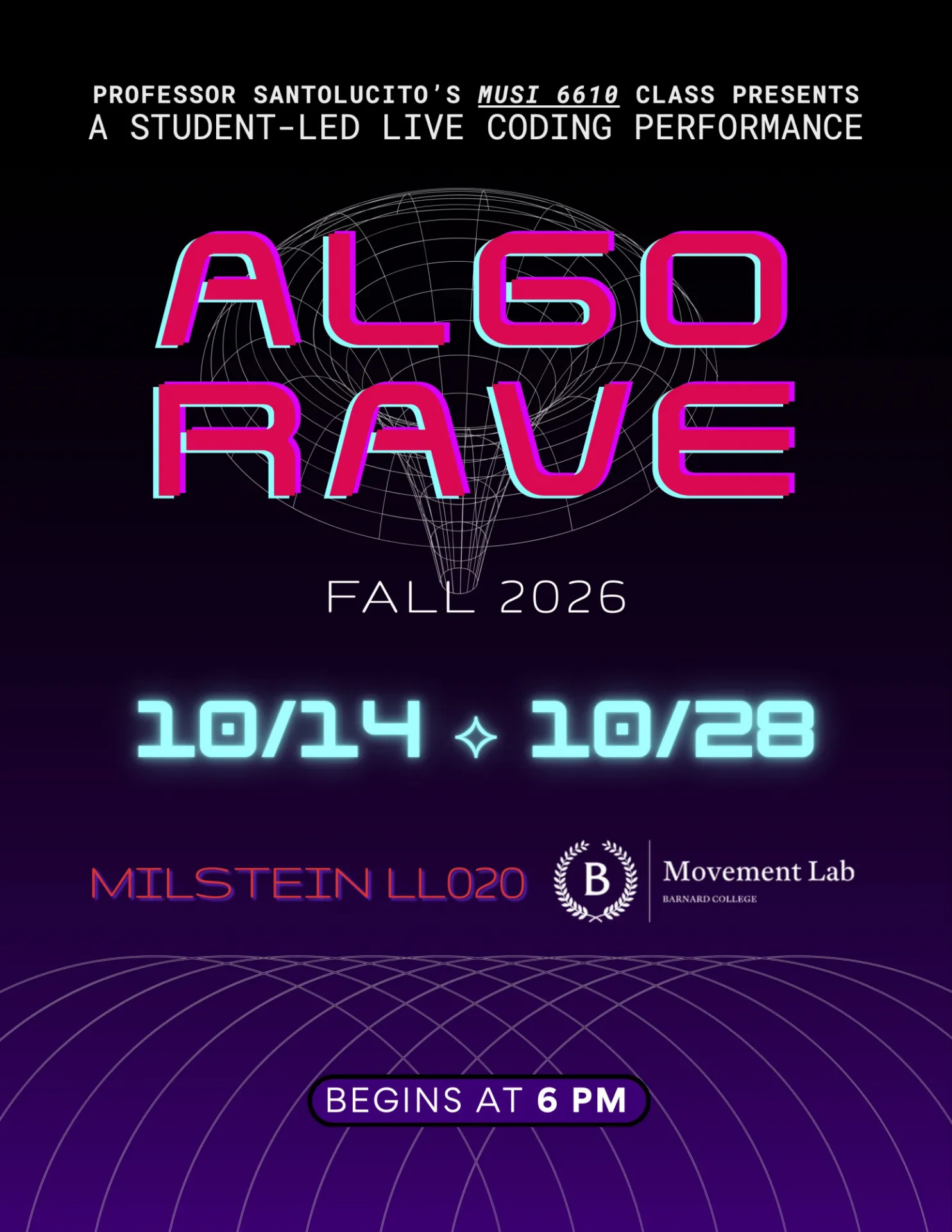Black-to-purple ombre poster with neon-themed text containing event name, time, and location. All information contained on the poster is replicated in the event description.
