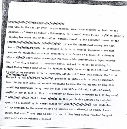 Vladimir Ussachevsky's typescript notes on the arrival of the Ampex 400 tape recorder.