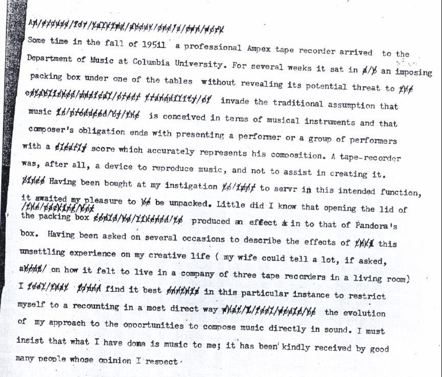 Vladimir Ussachevsky's typescript notes on the arrival of the Ampex 400 tape recorder.