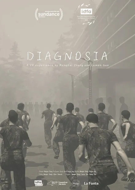 Diagnosia film poster. Grayscale image of people in camo running through fog.