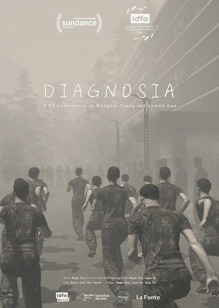 Diagnosia film poster. Grayscale image of people in camo running through fog.