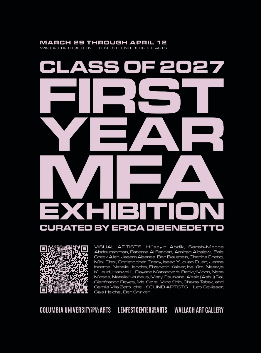 Event poster with light pink text on black background. Text contains event details.